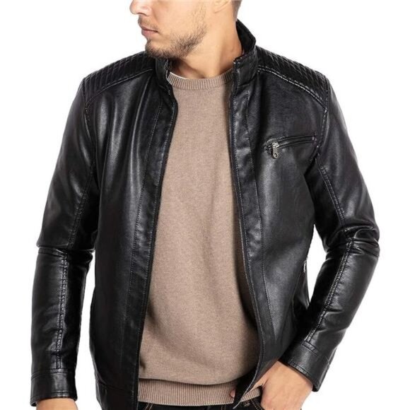 Black Faux Leather Motorcycle Jacket Textured Stand Collar Bomber Coat Outerwear